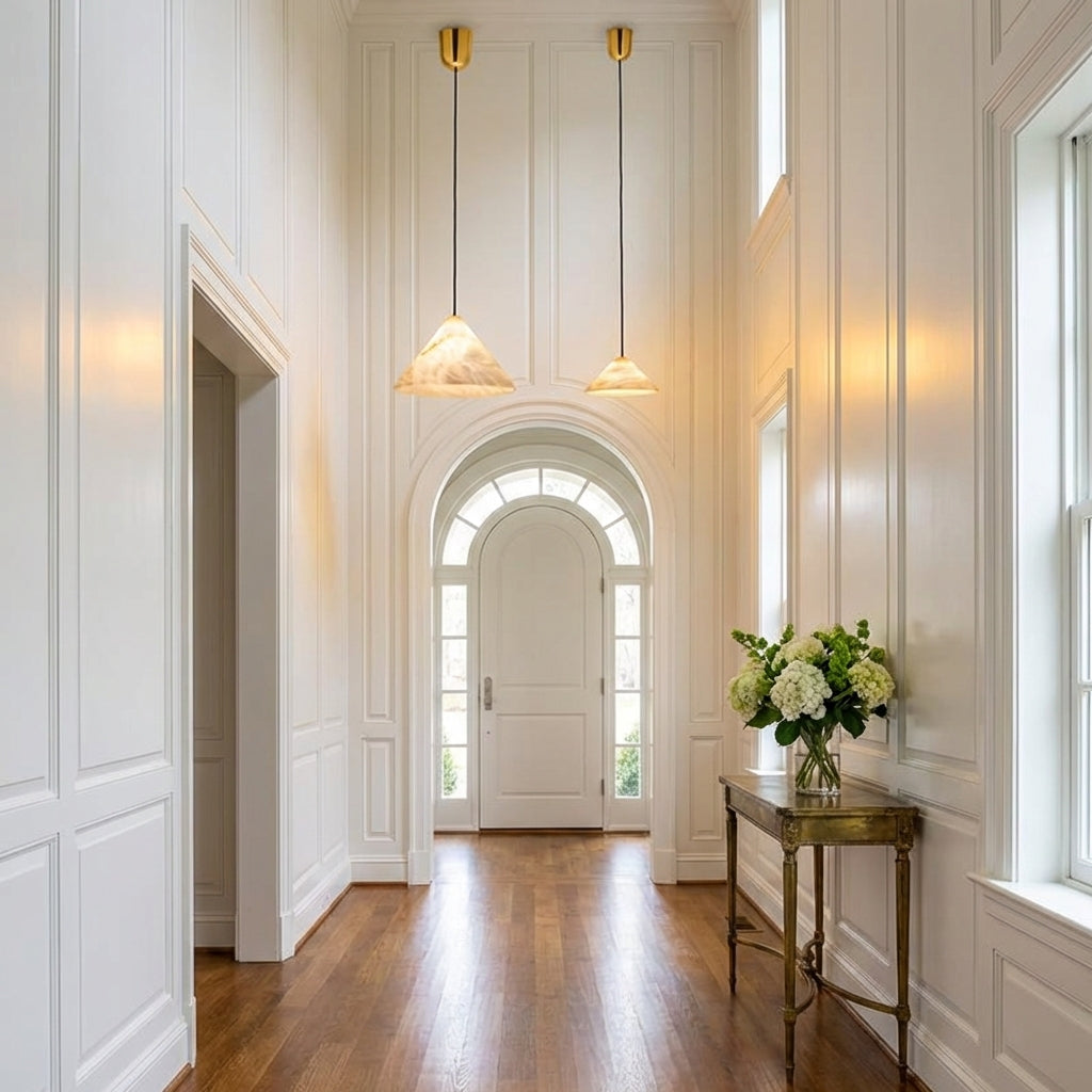 Lamer Lighting Sakura Bloom Alabaster Pendant - elegant American entryway with arched doorway
