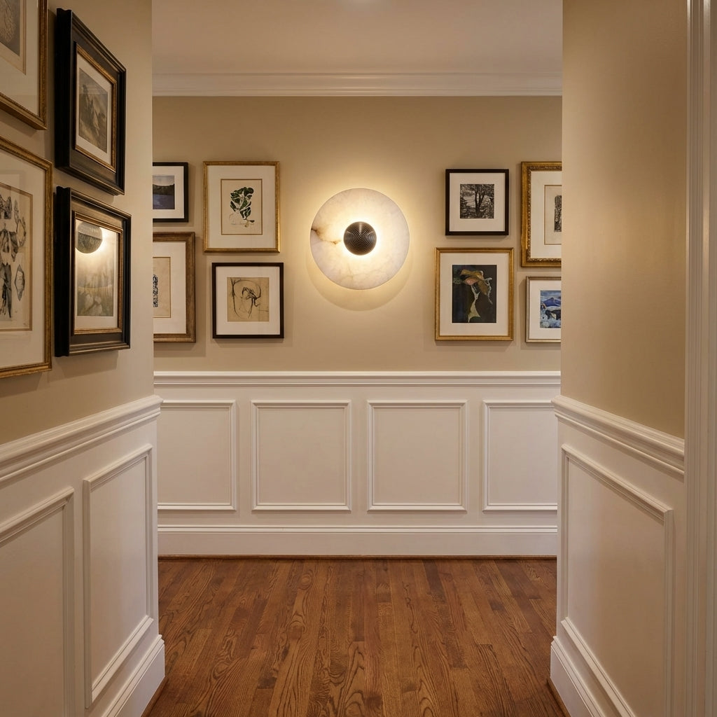 Lamer Lighting Median Alabaster Wall Sconce - American hallway gallery