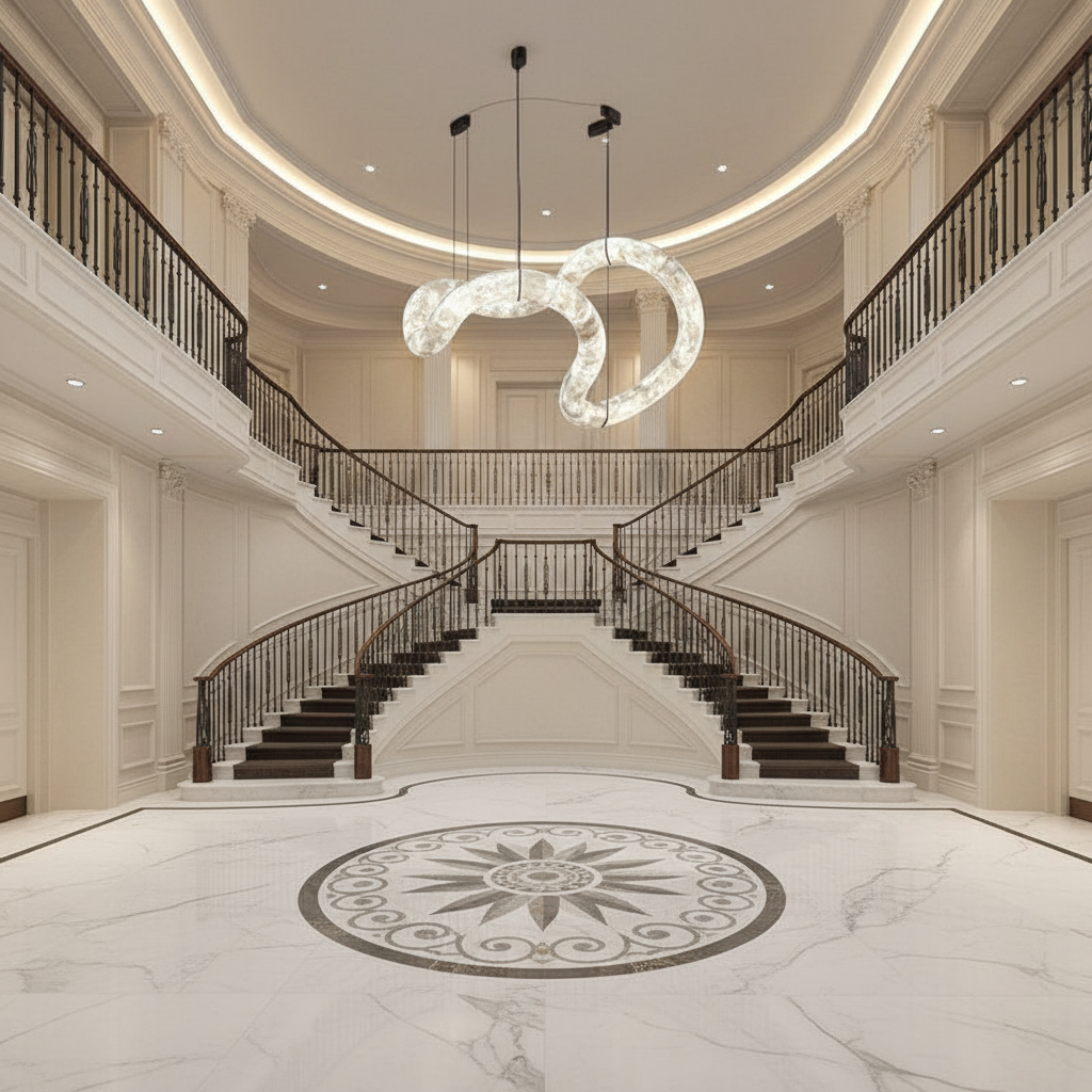 Lamer Lighting Aura Alabaster Symmetrical Grand Pendant Light - grand American foyer with double-height ceiling
