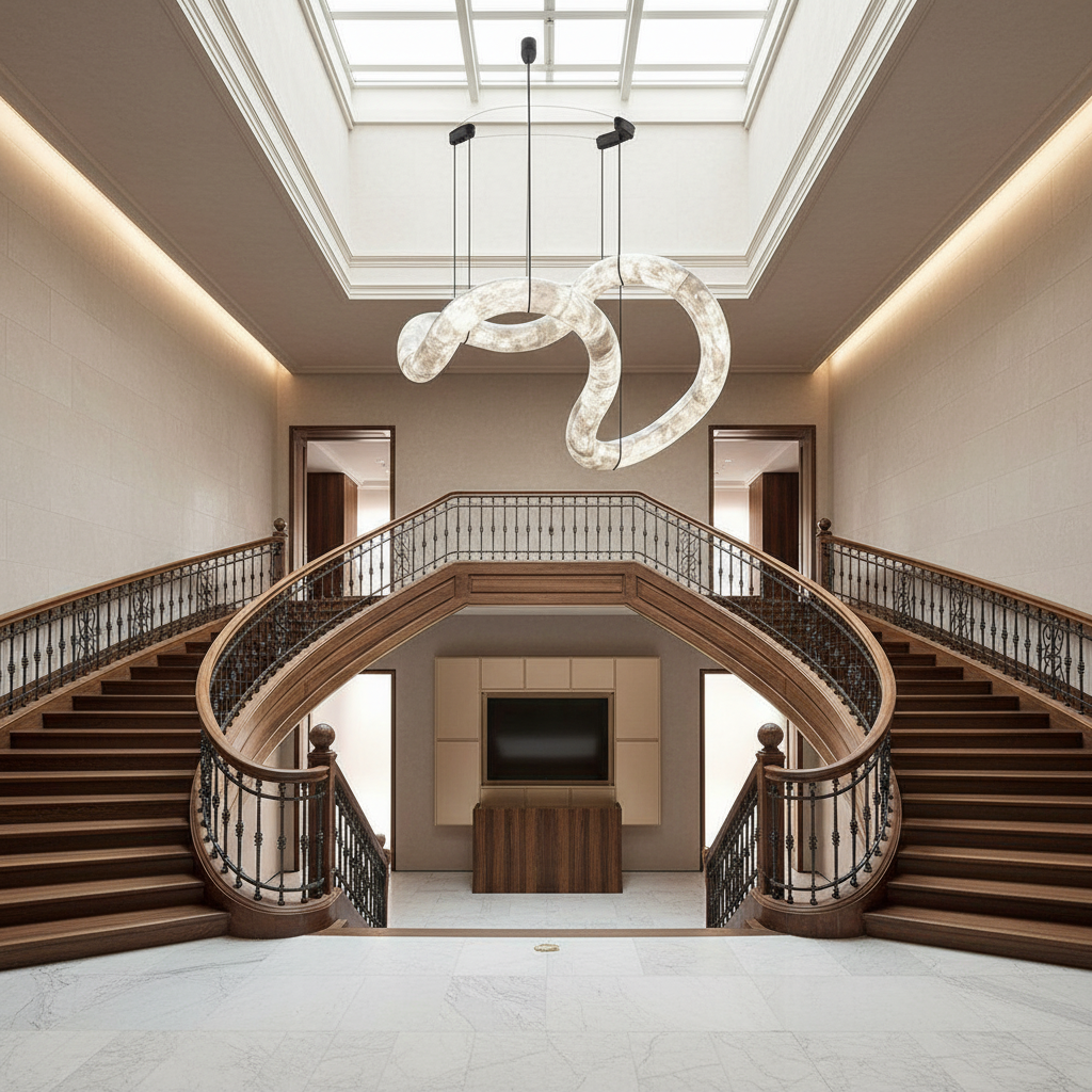 Lamer Lighting Aura Alabaster Symmetrical Grand Pendant Light - dramatic American stairwell with three-story void