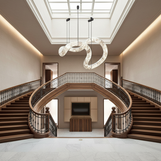 Lamer Lighting Aura Alabaster Symmetrical Grand Pendant Light - dramatic American stairwell with three-story void