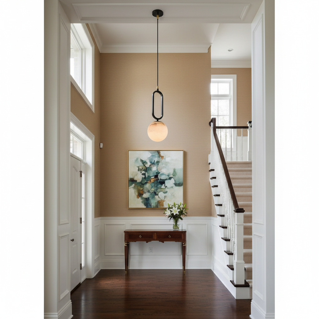 Lamer Lighting Alabaster Orb Modern Pendant Light - elegant American entryway with 10-foot ceiling