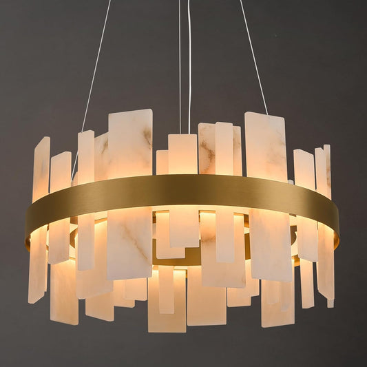 Alabaster Round Chandelier, D24 Inch Natural Spanish Marble Stone Texture Chandeliers