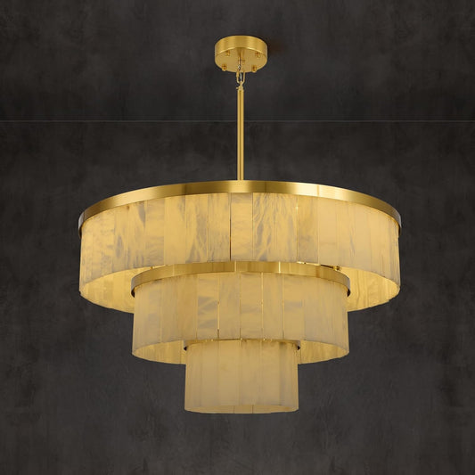 Modern 3-Tier Round Alabaster Chandelier-Gold 34"D