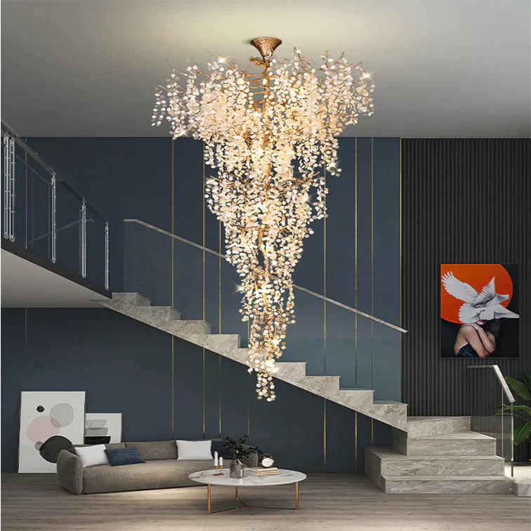 Lamer Lighting Gilded Bloom Branch Chandelier - dramatic American stairwell with soaring ceiling