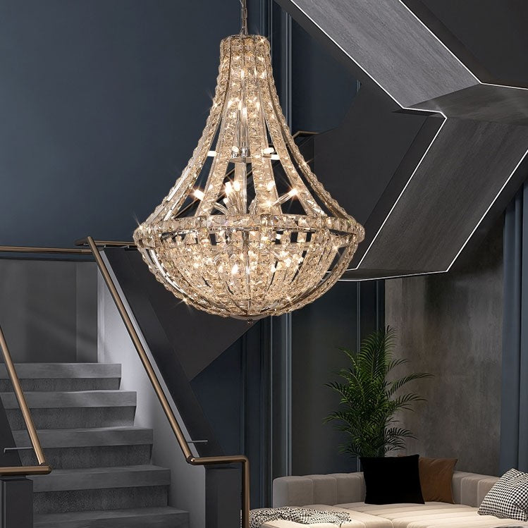 Lamer Lighting Grand Lumina K9 Crystal Chandelier - dramatic American stairwell with soaring ceiling