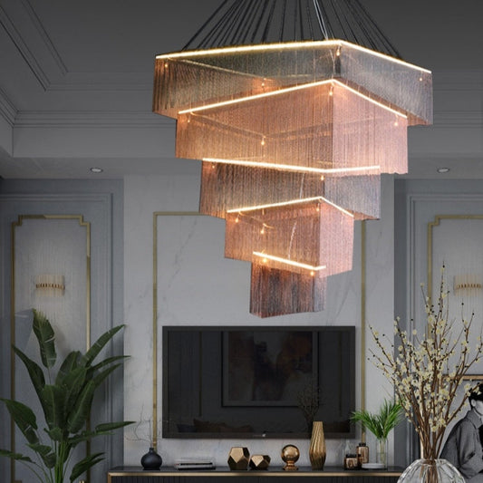 Lamer Lighting Grand Cascade Rectangular Tassel Chandelier - dramatic American stairwell with soaring ceiling