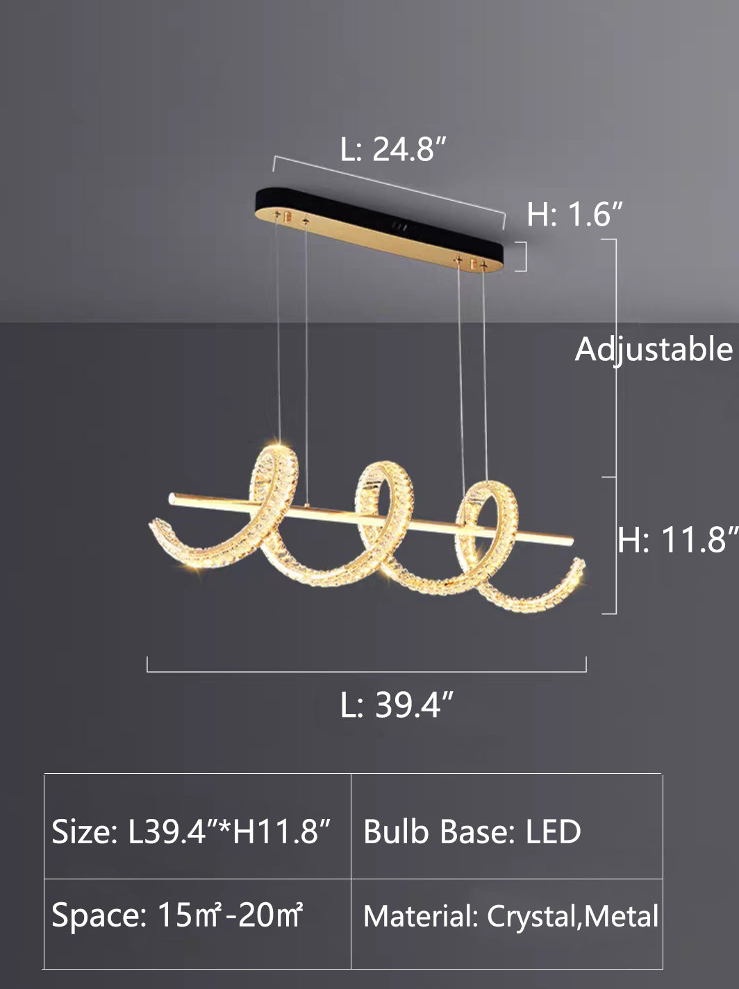 L39.4"*H11.8" pendant,gold,chrome,spiral,crystal,metal,chandelier,chandeliers,bar,living room,luxury,art