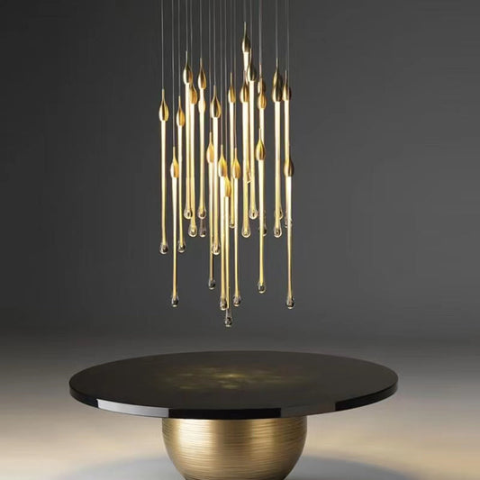 Lamer Lighting Opulent Raindrop Brass Glass Pendant Chandelier - American master bedroom with coffered ceiling