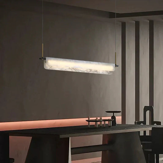 Eliana Alabaster Chandelier, Linear Chandelier Over Dining Room | Lamer Lighting (2)
