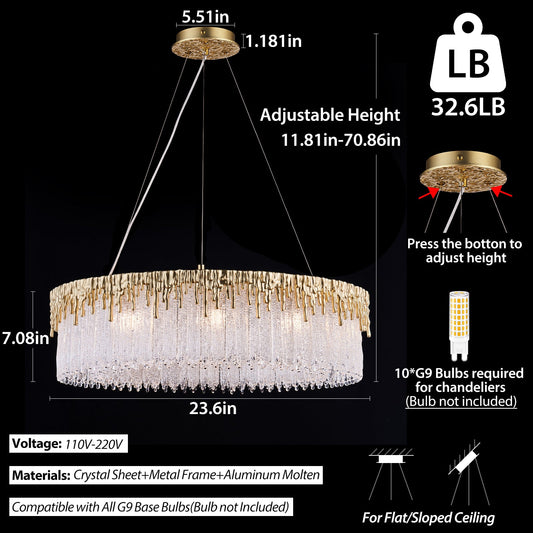 Modern Gold Glass Chandelier, 23.6"