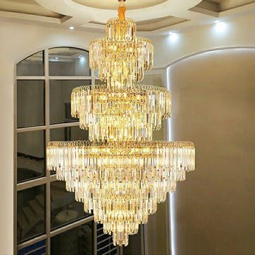 Lamer Lighting Grand Radiance Round K9 Crystal Chandelier - dramatic American stairwell with soaring ceiling