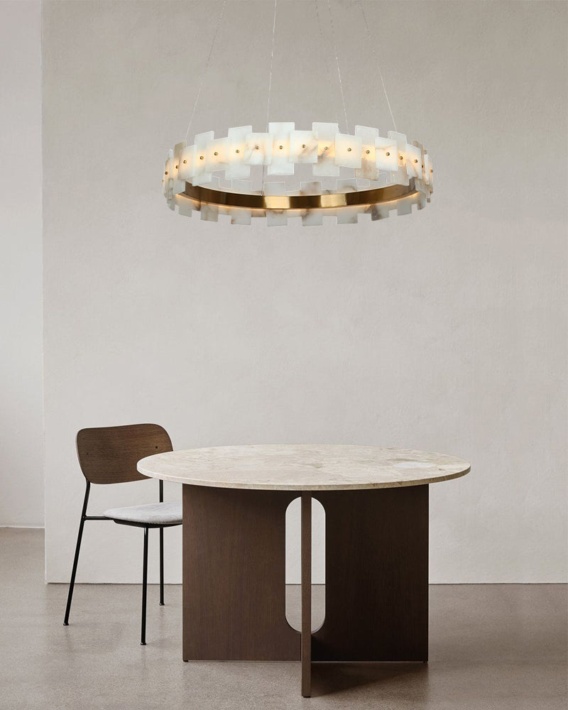 Antique Brass Ring Frame Round Halo Alabaster Modern Lighting Chandelier Wide 31"
