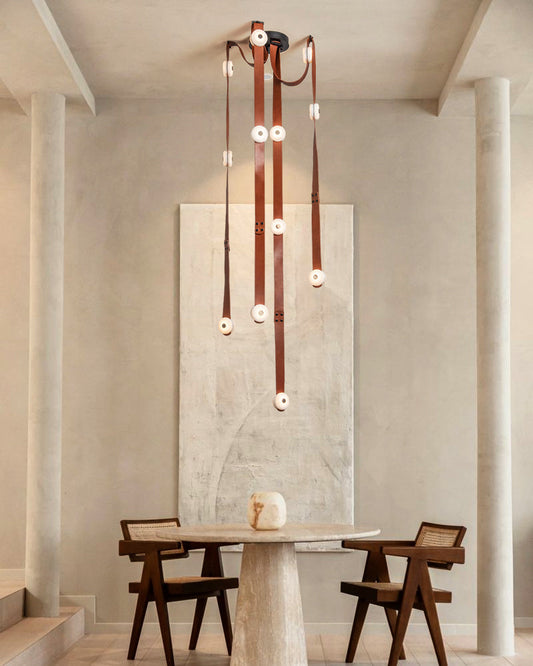 LED Mini SNAPS Module Ceiling Alabaster Pendant Light with Brown Leather Straps