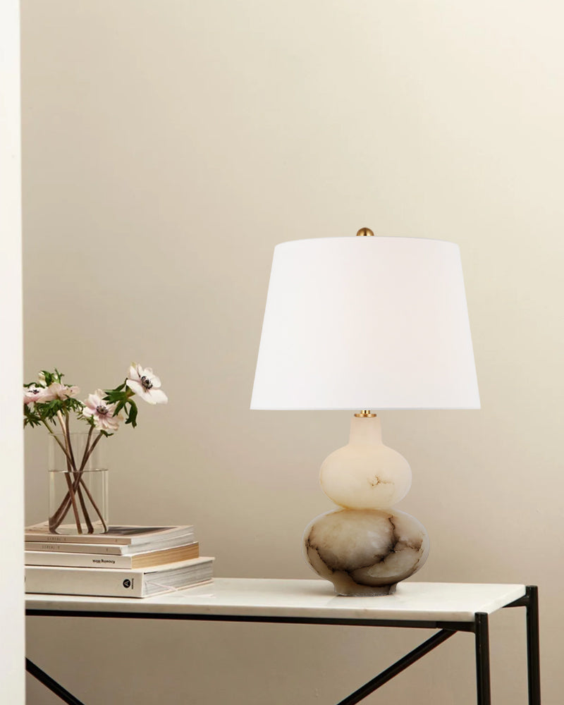 Art Design Arteriors Everly Alabaster Table Lamp Wide 15" with White Linen Fabric Lampshade