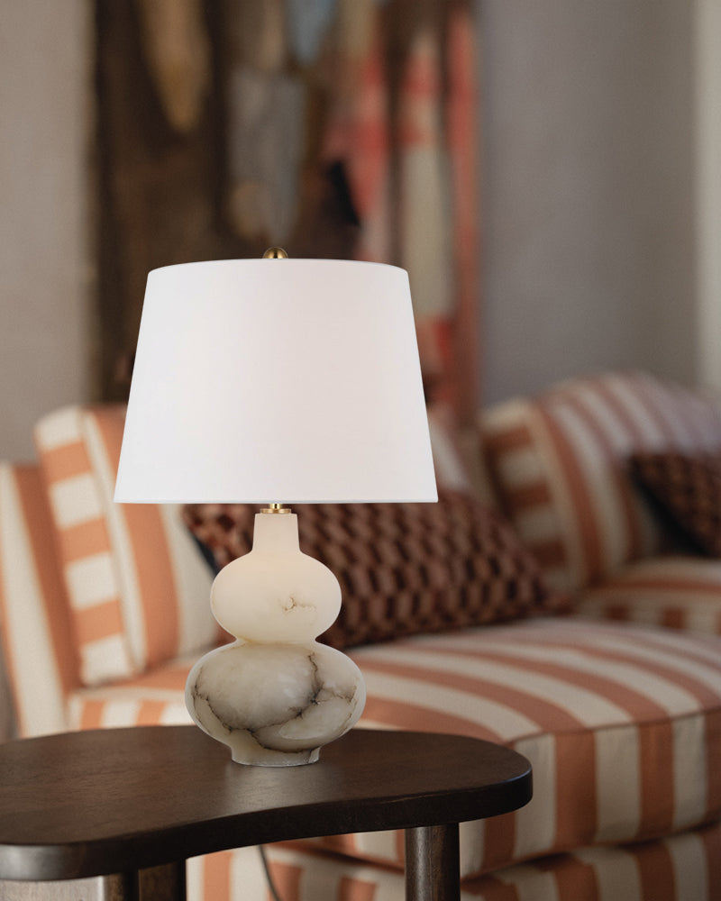 Art Design Arteriors Everly Alabaster Table Lamp Wide 15" with White Linen Fabric Lampshade