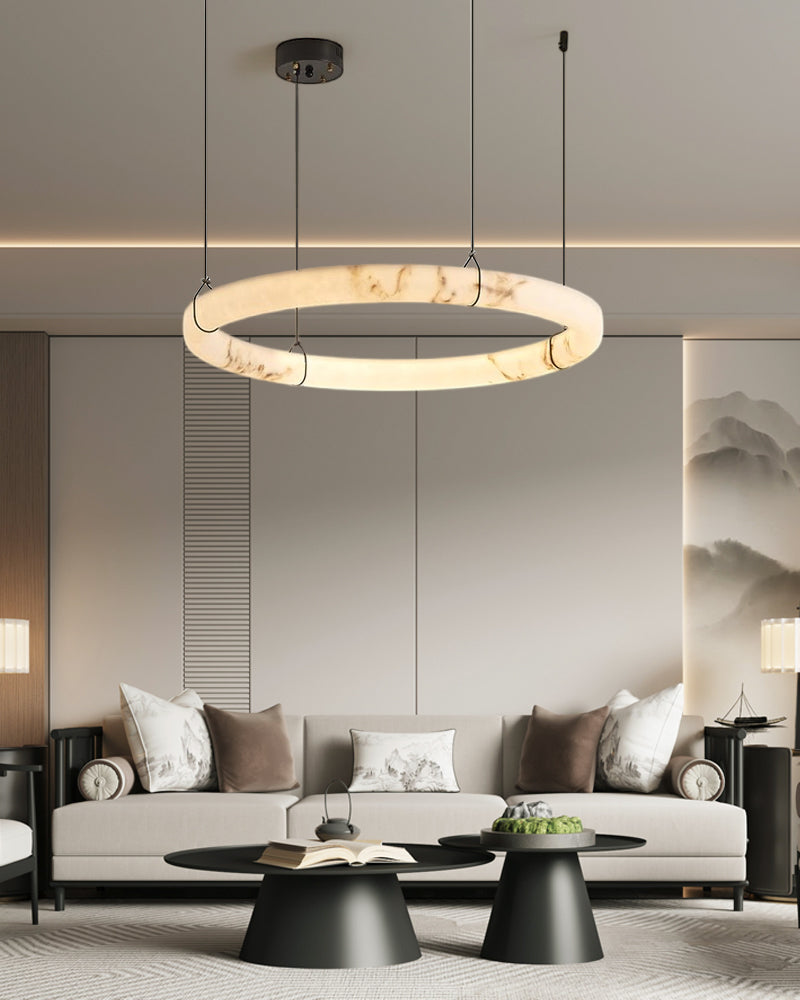Black Metal Modern Round Ring Alabaster Pendant Light, Width 3.15"
