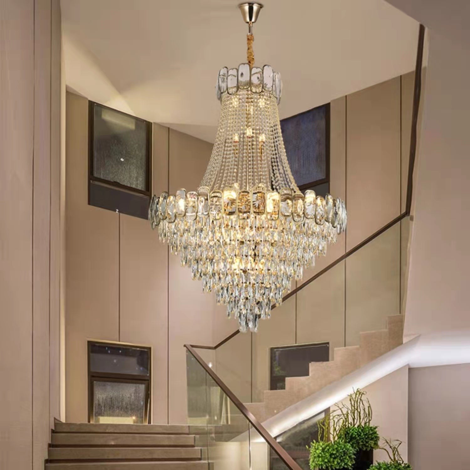 Lamer Lighting Grand Radiance Round K9 Crystal Chandelier - dramatic American stairwell with soaring ceiling