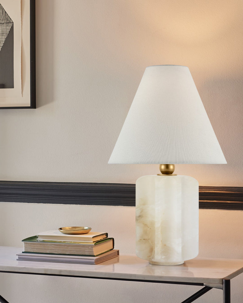 Art Design Arteriors Everly Alabaster Table Lamp Wide 15" with White Linen Fabric Lampshade