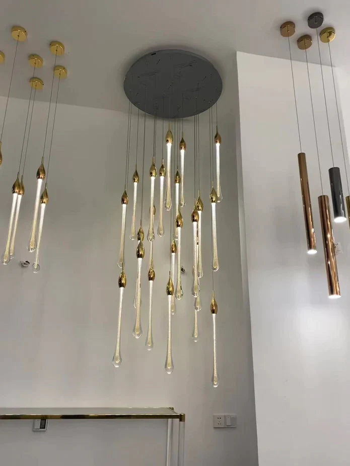 Lamer Lighting Opulent Raindrop Brass Glass Pendant Chandelier - Background Shot