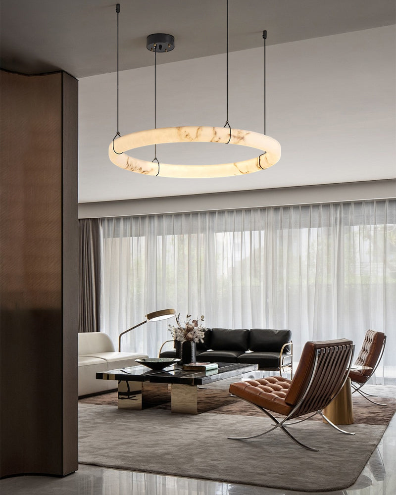 Black Metal Modern Round Ring Alabaster Pendant Light, Width 3.15"