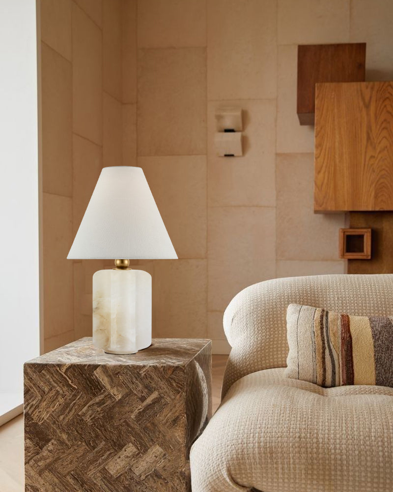 Art Design Arteriors Everly Alabaster Table Lamp Wide 15" with White Linen Fabric Lampshade