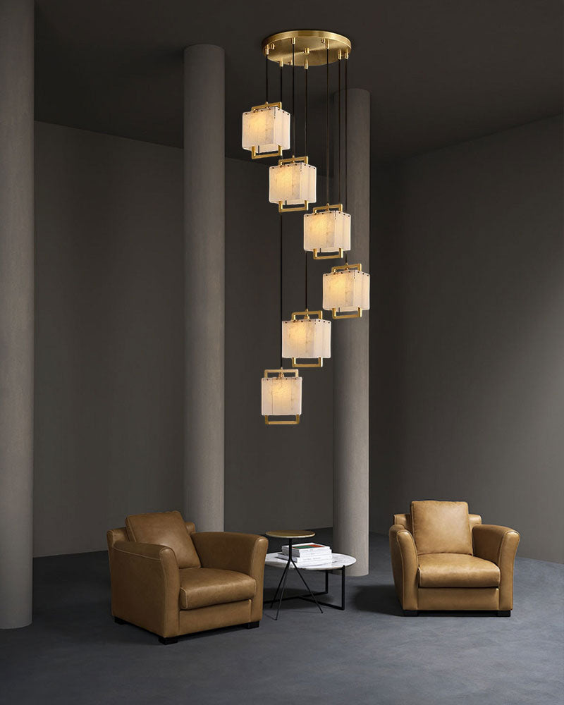 Elegant Cluster Alabaster Dome Suspension Light Lacquered Burnished Brass for hallway