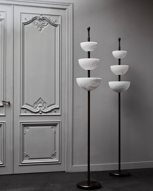 LED Bronze and Alabaster Triple Bowl Tall Floor Lamp 76in