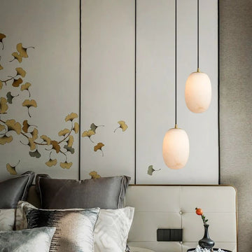 Lamer Lighting Sculpted Alabaster Bedside Pendant Light - American transitional great room with cathedral ceiling