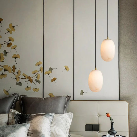 Lamer Lighting Sculpted Alabaster Bedside Pendant Light - dramatic American stairwell with soaring ceiling
