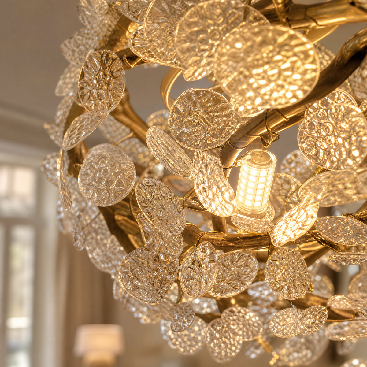 A circular gold metal chandelier with frosted glass leaf accents suspended by thin cables.