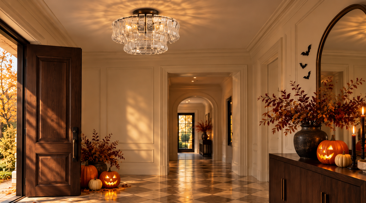 Ghiaccio glass flushmount in a warm entryway