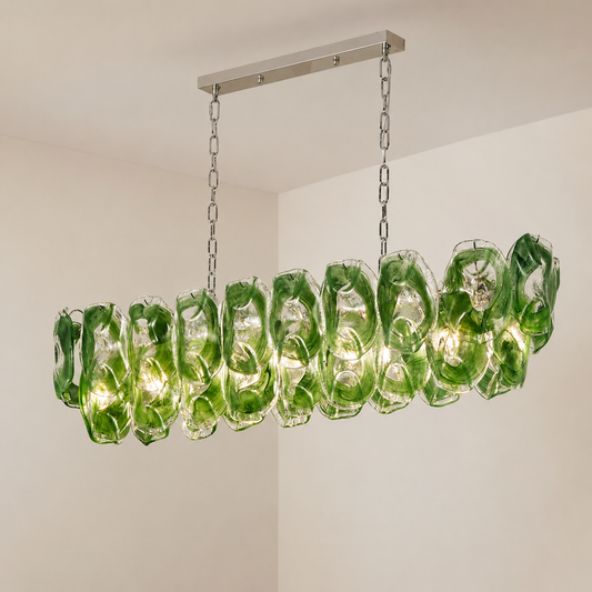 Modern Green Glass 8-Light Linear Chandelier, 39 inch