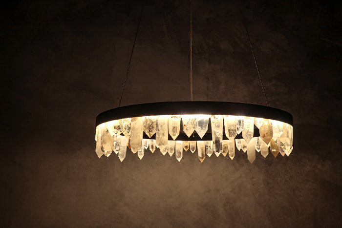 36 Inch Round Modern Chandelier Brass & Clear Geode Quartz Crystal Hanging Light