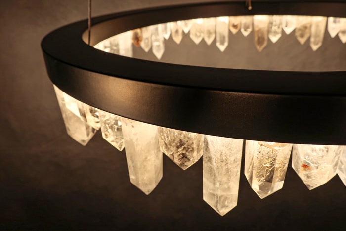 36 Inch Round Modern Chandelier Brass & Clear Geode Quartz Crystal Hanging Light