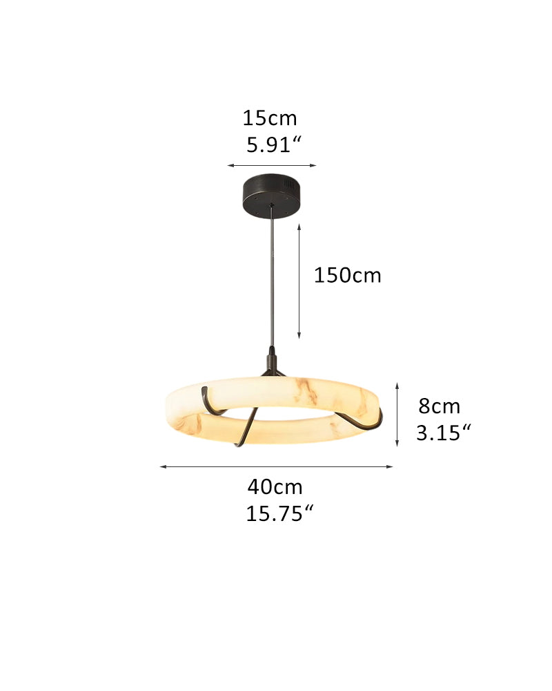 Black Metal Modern Round Ring Alabaster Pendant Light, Width 3.15"