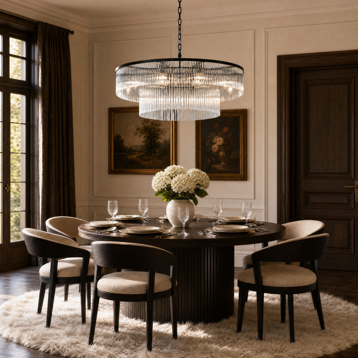 D800 Double-Layer Striped Column Round Pendant - Black