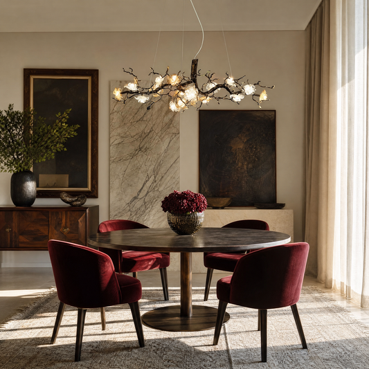An antique brass chandelier with branching arms and frosted glass blossom shades suspended by cables.