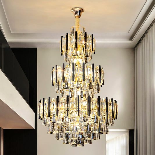 Lamer Lighting Grand Radiance Round Crystal Chandelier - dramatic American stairwell with soaring ceiling