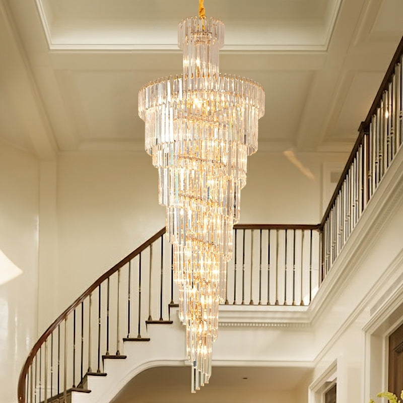 Lamer Lighting Grand Tiered Spiral Foyer Chandelier - dramatic American stairwell with soaring ceiling