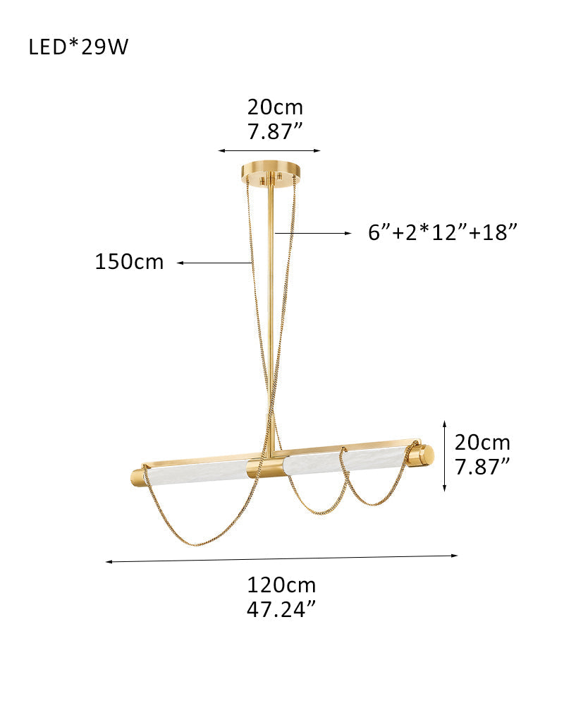 LED Tubular Alabaster Shades Ceiling Pendant Lamp 49" with long chains | Brass