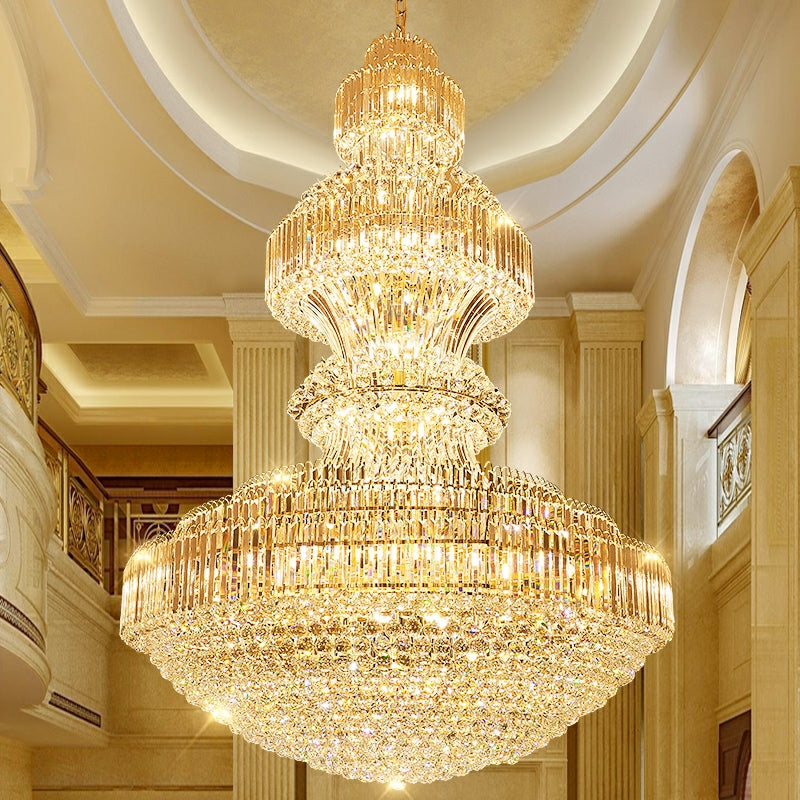 Lamer Lighting Grand Radiance Round Crystal Chandelier - dramatic American stairwell with soaring ceiling