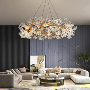 Modern Brass and Crystal 10-Light Branch Chandelier, 24"
