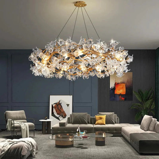 Modern Brass and Crystal 10-Light Branch Chandelier, 24"