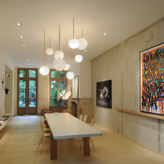 Lamer Lighting Alabaster Orb Cluster Pendant Chandelier - dramatic American stairwell with three-story void