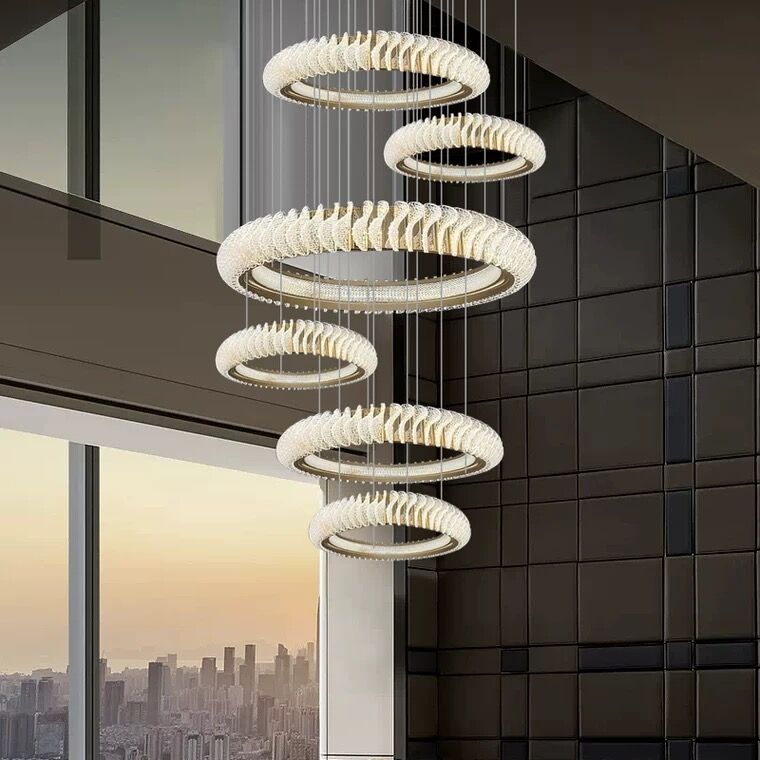 Lamer Lighting Grand Luminous Multi-Layer Ring Chandelier - dramatic American stairwell with soaring ceiling