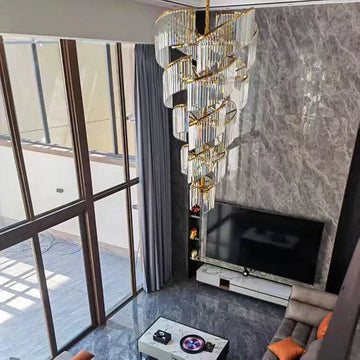 Lamer Lighting Grand Tiered Spiral Crystal Chandelier - dramatic American stairwell with soaring ceiling