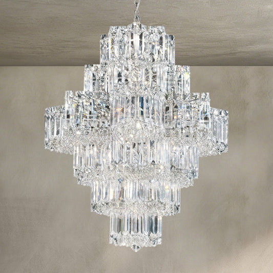 Modern Chrome Steel and Crystal Chandelier