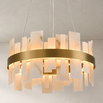 Alabaster Round Chandelier, D24 Inch Natural Spanish Marble Stone Texture Chandeliers
