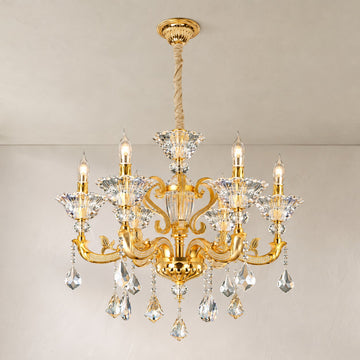 Baroque Gold Brass 6-Light Crystal-Studded Chandelier, 28.35 Inch
